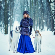 snow, forest, Women, Dogs