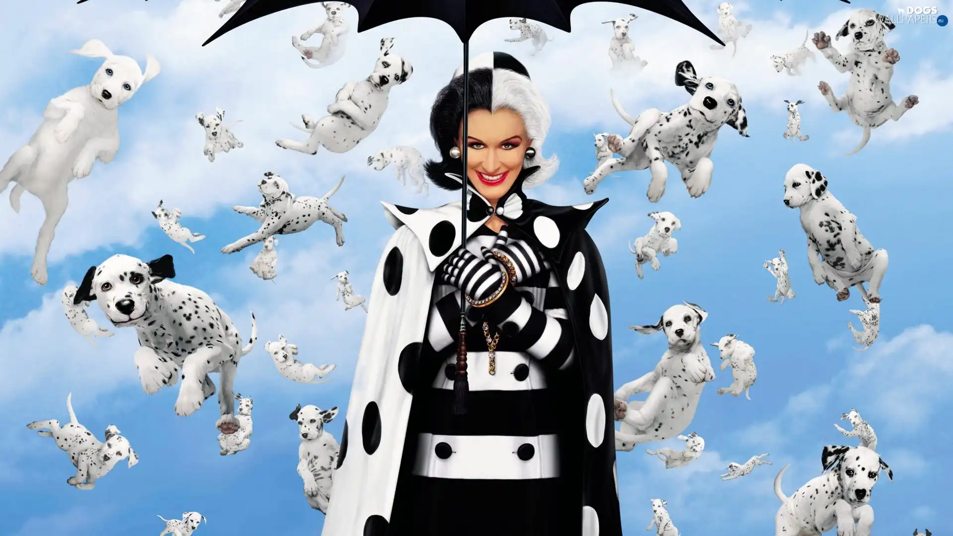 Dalmatians, puppies, Women, Umbrella