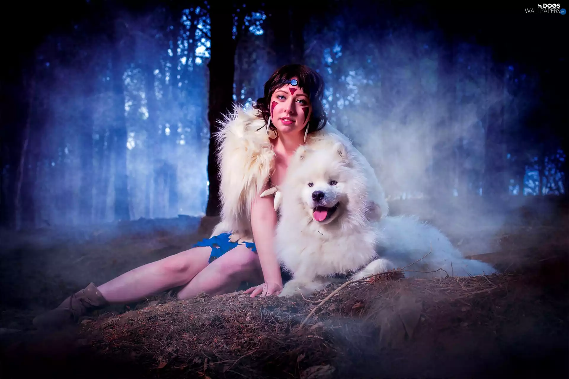 Women, Samojed, forest, dog