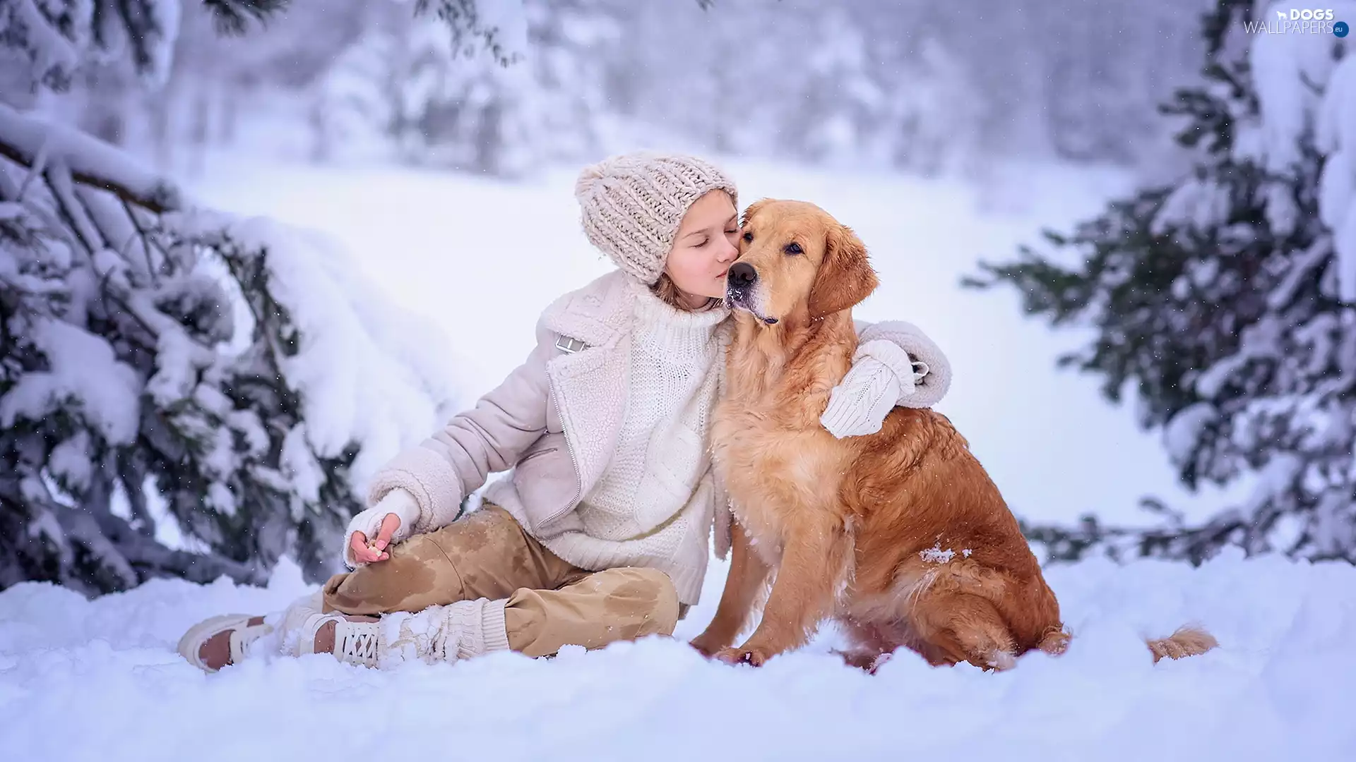 Golden Retriever, Snowy, winter, trees, snow, dog, girl, viewes