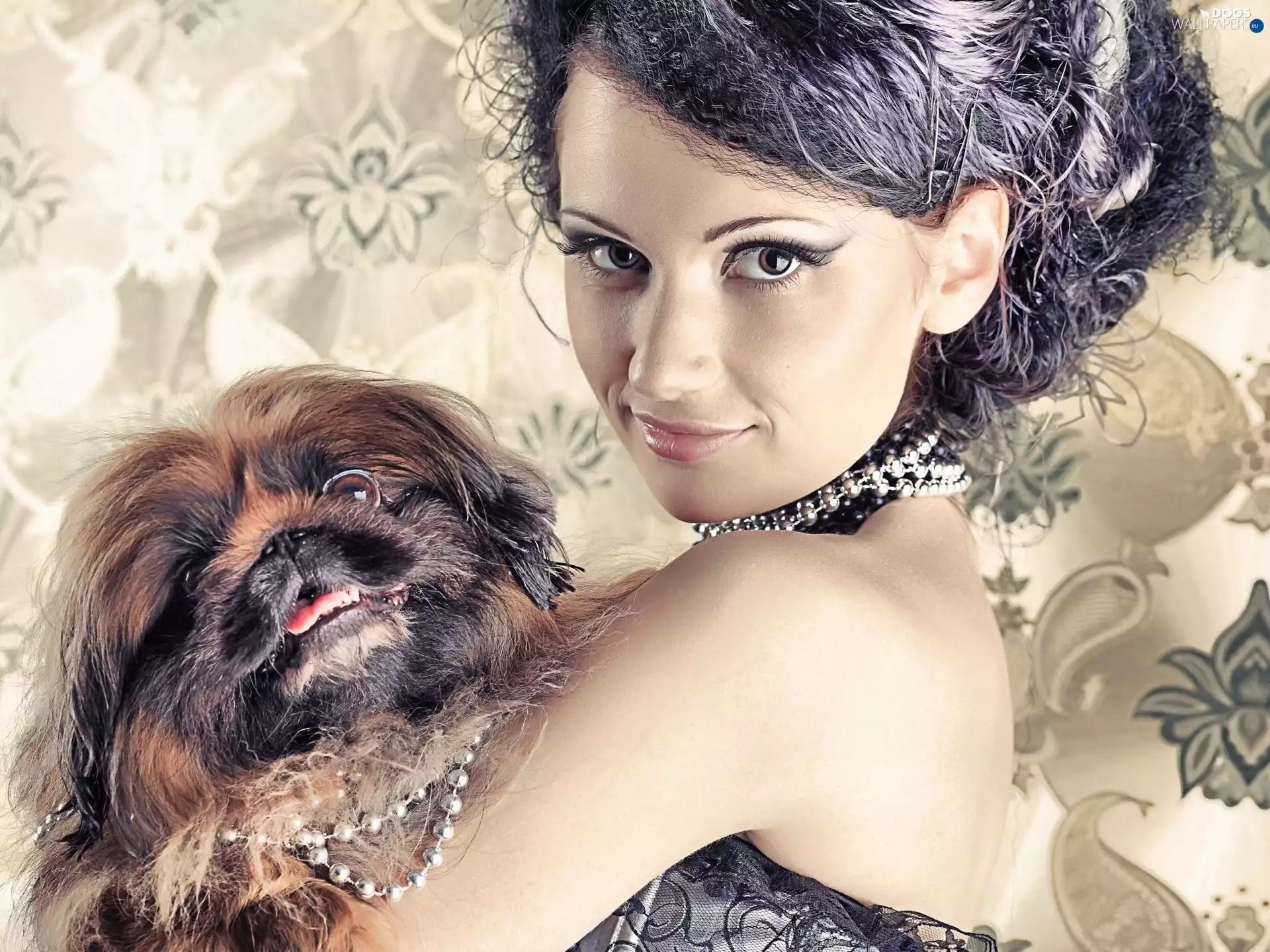Women, dog, pekinese, jewellery