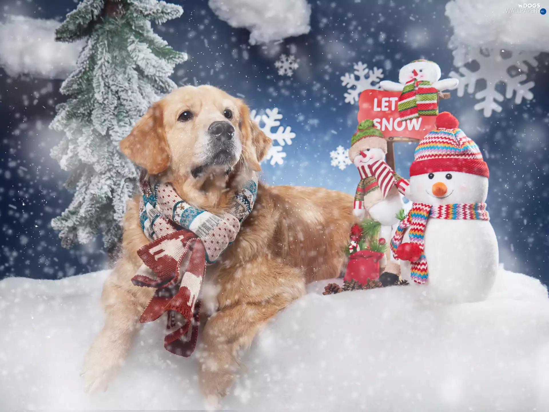 snowmen, winter, Golden Retriever, Scarf, dog