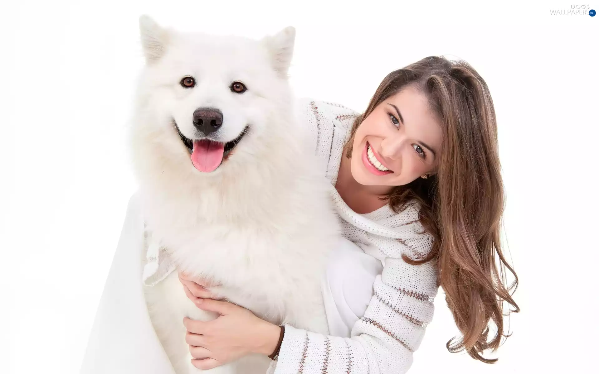 smiling, dog, Samojed, Women