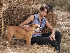 dog, boy, Hay, Meadow, a man, English Bulldog, Hat