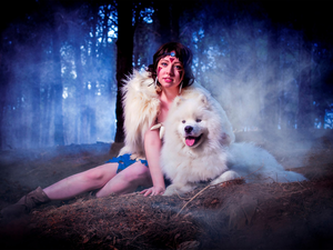Women, Samojed, forest, dog