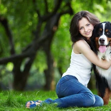 girl, pastoral, Bernese, dog