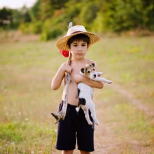 car in the meadow, puppie, small, forest, boy