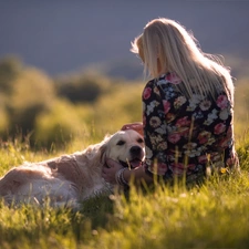 Meadow, Golden Retriever, girl