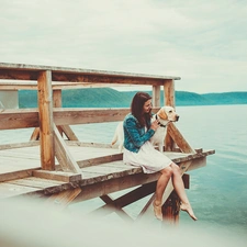 Platform, pier, Labrador Retriever, lake, girl