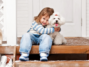Stairs, girl, Miniature Poodle