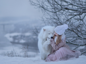 winter, girl, dog, Samojed, snow, Hat