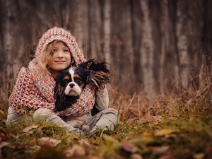 Cavalier King Charles spaniel, forest, girl