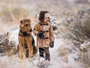 winter, boy, Welsh Terrier