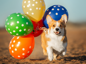 dog, Balloons, Sand, Welsh corgi pembroke