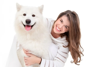 smiling, dog, Samojed, Women